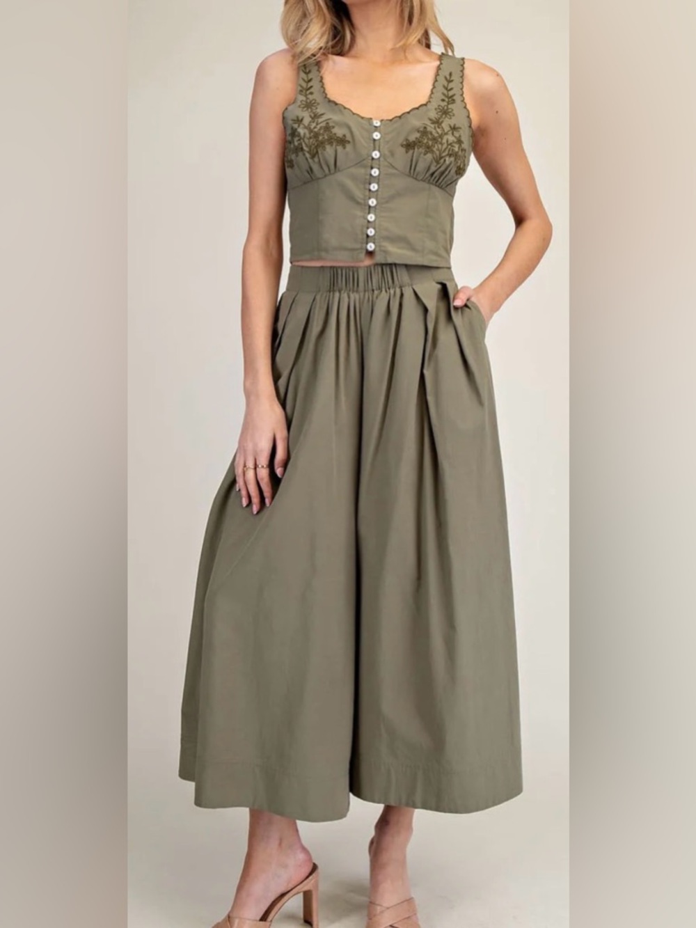 eesome Olive Embroidered Top and Wide-Leg Pleated Pant Set